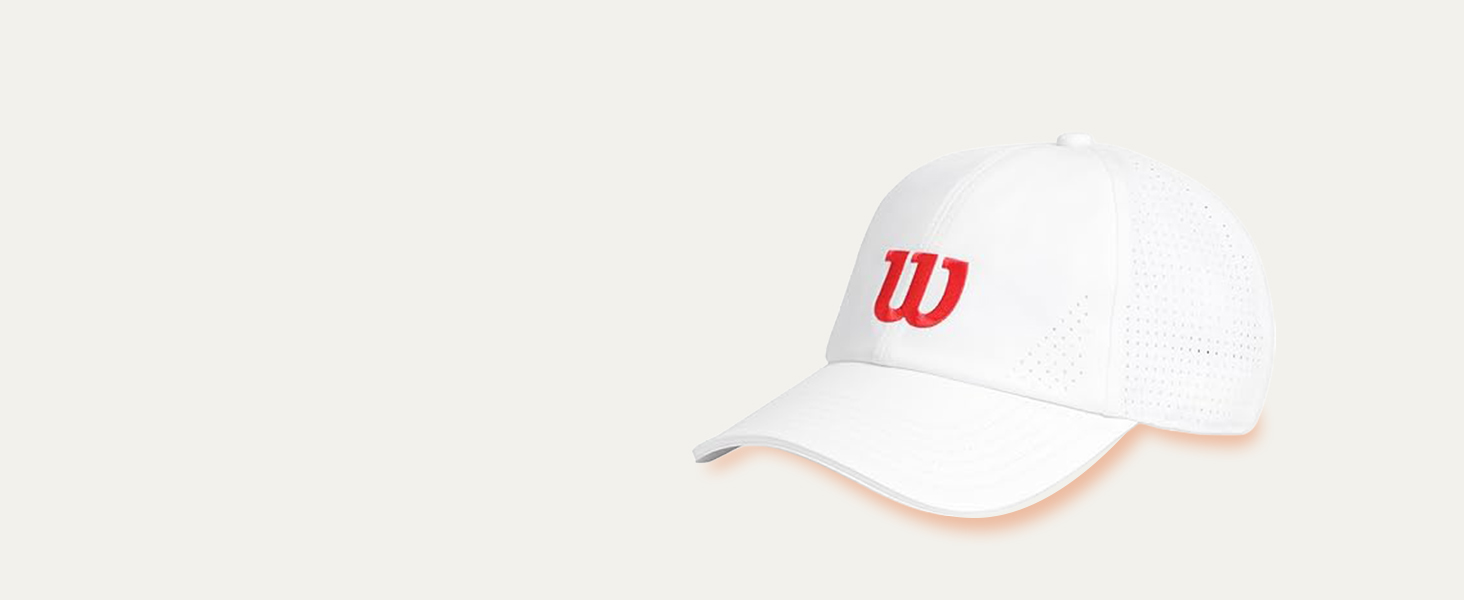 White baseball cap with red 'W' logo on front, featuring curved bill and adjustable back strap.