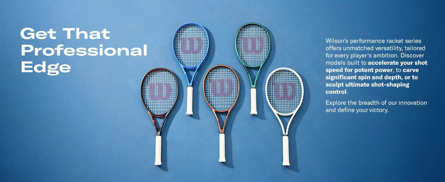 Text reads 'Get That Professional Edge'. Product image showing five tennis rackets displayed against blue background.