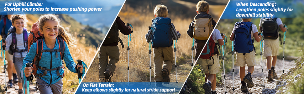 Text reads '50cm Collapsed for Your Backpack' and '50cm Extended for Peaks'. Product demonstration images showing expandable equipment in nature settings.