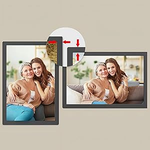 Two framed photographs displayed on white wall showing couple in casual indoor setting, demonstrating product display or presentation format.