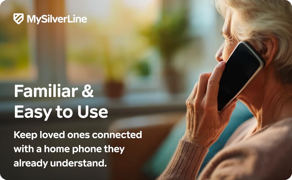 Text reads "My SilverLine", "Big Buttons & Clear Calls", "Extra-loud ringer and clear audio, designed with seniors in mind". Red dual-screen mobile phone.