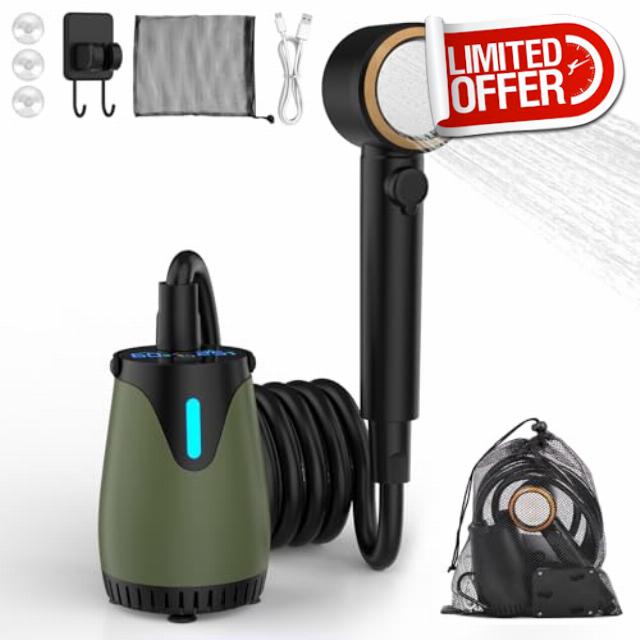Portable Shower 8000mAh – IPX8 Waterproof Camping Shower with 4 Spray Modes