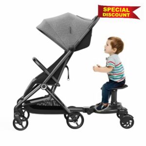 Baby Kiddy Board Universal Buggy Footboard 25kg Capacity Flexible Adjustment Height Ride-On Board with Removable Seat & 360° Swivel Wheels
