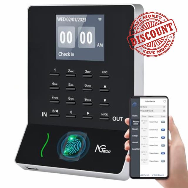 NGTeco Fingerprint clocking in machine for Small Business WiFi Time Card Machine