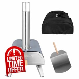 George Foreman Outdoor 12" Wood Pellet Portable Wood Fired Pizza Oven in Grey with Paddle and Carry Bag