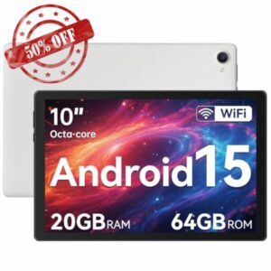 Hakaug Tablet 10 Inch Android 15 Tablets PC Octa-Core 20 GB RAM 64 GB ROM 1 TB TF Extension 1280x800 IPS Touchscreen WiFi 6 Widevine L1 Dual Camera 5000 mAh (White)