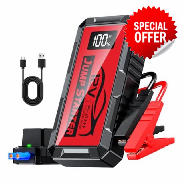 PSOOO Jump Starter 12V 8000A Power Pack Car Battery Pack (up to 10.0L Gas or 8.5L Diesel Engine) Jump Cable with Smart Clip and LED light (Red)