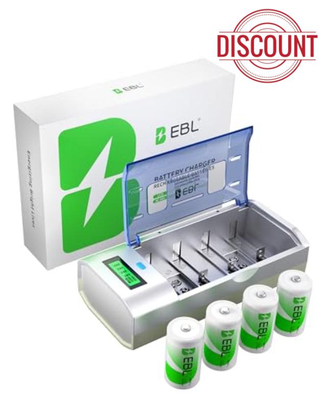 EBL Rechargeable D Batteries with Charger - LCD Universal Smart Battery Charger for C D AA AAA 9V Ni-MH Ni-CD Batteries With D Batteries (4 PACK)