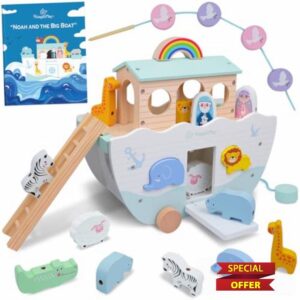 SIMPLIPLAY Wooden Noah's Ark Toy - Toddler Montessori STEM Learning Noahs Ark Toy with Story Book & Wooden Animal Shape Sorter