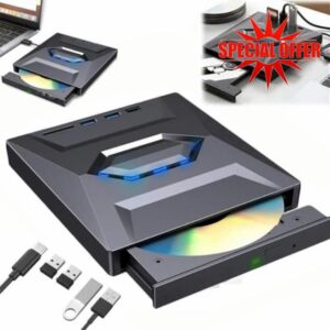 7-in-1 External Drive USB 3.0 & Type-C Portable BD/DVD/CD Burner Writer Reader with 3 USB Ports Hub & SD/TF Card Reader 6X Optical Drive for Laptop Desktop