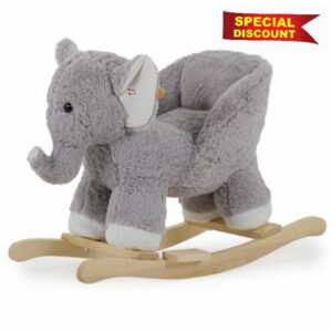 Puggle Plush Wooden Rocking Elephant Seat with Sounds - Grey (12 Months - 3 Years)