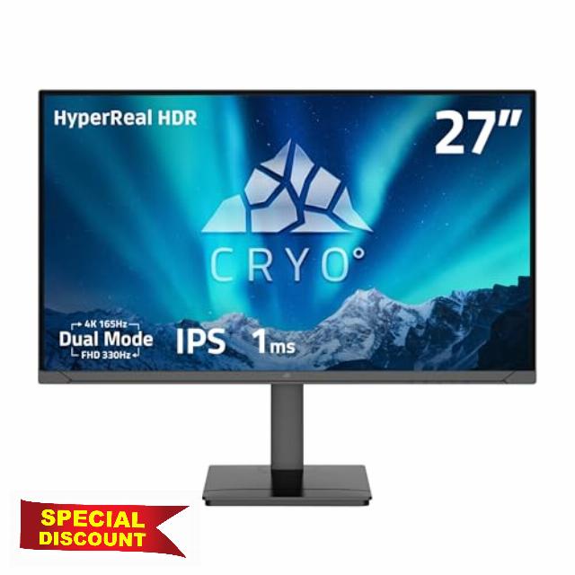 Chillblast Cryo 27-Inch Dual Mode IPS Gaming Monitor - 4K 165Hz / FHD 330Hz - 1ms Response Time - HyperReal HDR - G-Sync/FreeSync - USB Type-C - Height