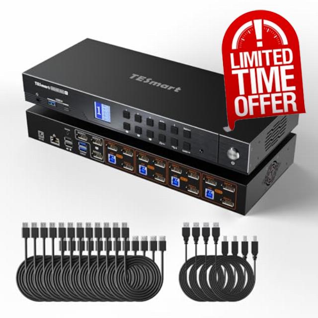 TESmart 4K@144Hz Displayport KVM Switch 3 Monitors 4 Computers USB 3.0