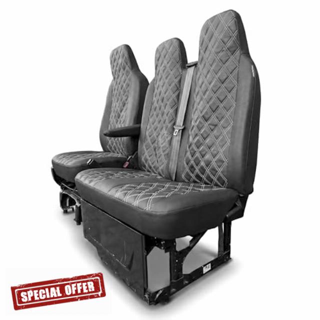 Leatherette Van Seat Covers Driver & Double Passenger – Waterproof Diamond Stitch Heavy Duty Leather Style Seat Protectors for Transit