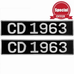 Set of 2 Classic Pressed Metal Number Plates – Black & Silver Pre-1986 Style | Premium Aluminium | UK Car Show Plates | Raised Embossed Letters & Numbers