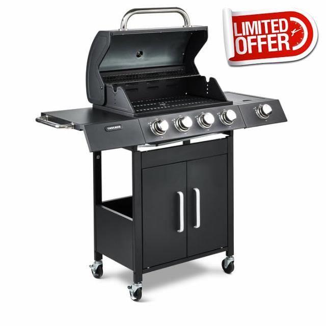 Fire Mountain Cascade 5 Burner Gas BBQ Black with Side Burner Cast Iron Grill Outdoor Barbecue for Garden Patio 61.5 x 37.5cm Cooking Area