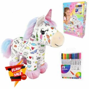 Color Your Own Unicorn Plush Art Kit - DIY Washable Doodle Stuffed Animal Toy with 12 Non-Toxic Markers