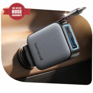 Lamicall 3-IN-1 Retractable Car Phone Charger - [75% Smaller] 63W Cigarette Lighter USB Charger Adapter with Retractable Type-C Cable/USB C/USB A