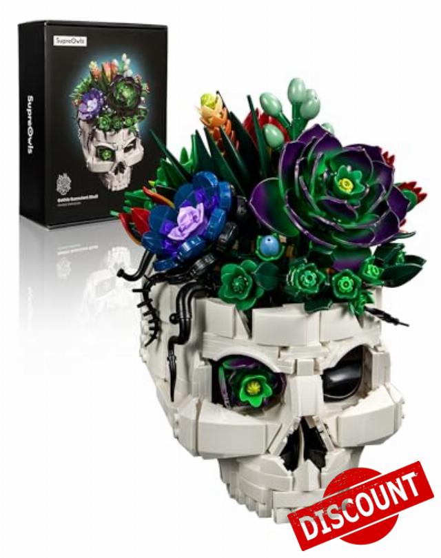 Botanicals Succulents Building Set with Skull Vase Artificial Plants Gifts for Him Her on Birthday