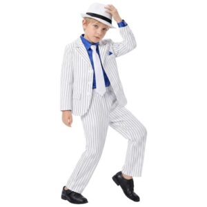 Kids Dance Star Costume 5pcs Set Halloween 80s 90s Stage Retro Striped Suit Jacket Trousers Hat Tie Shirts Party Outfits For Boys Dance Performance Clothes for Boys