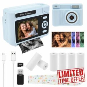 Children's Instant Camera 1080P HD Instant Camera Kids with 32 GB Card and 6 Paper Rolls Children's Toy Present for Boy and Girl 3 4 5 6 7 8 9 Year Old (Blue)