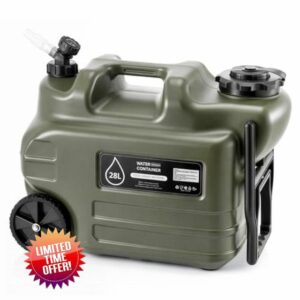 Water Container 7.4 Gallon / 28 Liter Portable Water Container with Wheels & Pull Handle – Large Capacity Heavy-Duty PE Water Jug for Camping