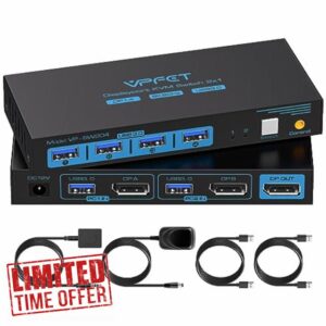 DisplayPort KVM Switch 2 PC 1 Monitor Support 8K@60Hz USB 3.0 KVM Switches for 2 computers Share 1 Monitor and 4 USB 3.0 devices Wired Controller Included
