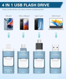 Flash Drive for iPhone 6/7/8/11/12/13/14/X/XR - 4 in 1 Photo Memory Stick External Storage Pen Drive Compatible for Android/IOS/Tablet/PC and Devices (Blue