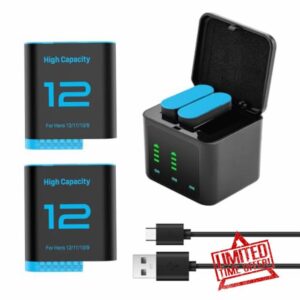 2 pack 2580mAh replacement batteries for GoPro Hero 12/11/10/9 with 3-channel Type-C battery charging station USB-C charging