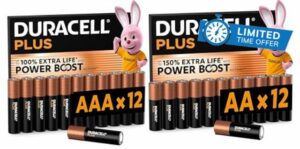 24 x Duracell AA + AAA Plus Power Boost (1 Blister Pack of 12 AA Batteries up to 150% Longer Running Time + 1 Blister Pack of 12 AAA Batteries up to 100%) 24 Batteries (LR6/MN1500 + LR03/MN2400)