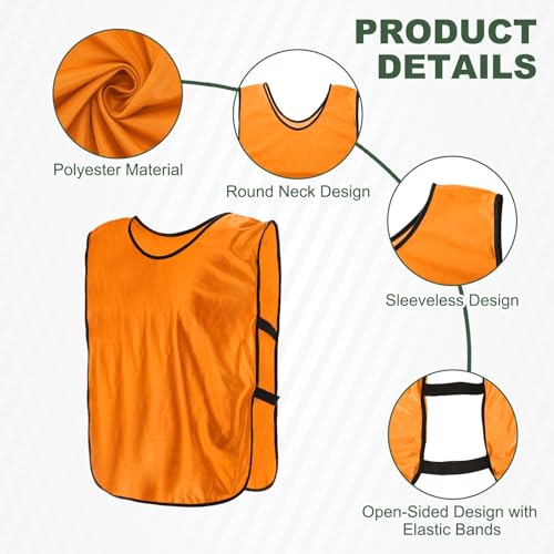 Soccer Pinnies Scrimmage Vest with Elastic Bands Drawstring Bag 24.8"x16.9" & 12 Pcs & Green/Orange Red -Fitting for (Adult/Basketball)
