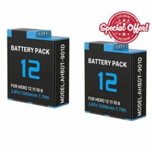 2 Pack 2000mAh Replacement Battery for GoPro Hero 12 Hero 11/10/9 Camera AHDBT-901 ADBAT001 ADDBD-211 Li-Io