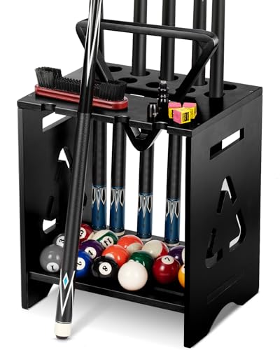 Billiard Cue Holder with Pool Table Accessory Organizer for Game Room or Home Bar (Black)