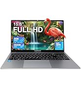 Windows 11 laptop advertisement showing text about Full HD clarity and smooth performance, with professional workspace setting.
