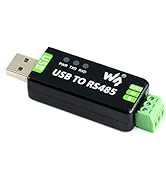 Electronic interface device labeled 'Waveshare' with green terminal blocks and 'USB TO 4CH RS485' text, shown from multiple angles with mounting features.
