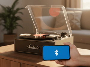 Multiple views of a modern record player setup in home environment, showing turntable on wooden furniture with speakers in cozy living room setting.