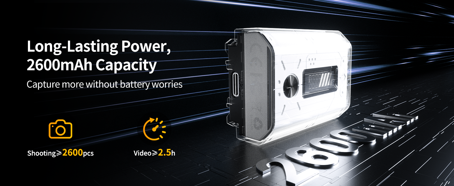 Text reads 'Long-Lasting Power, 2600mAh Capacity', 'Capture more without battery worries', 'Shooting 2600+pcs', 'Video 2.2h'. White portable camera or device with battery capacity and performance specifications displayed.