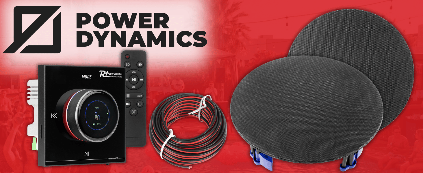 Text reads 'POWER DYNAMICS'. Audio equipment display featuring black speakers and control interfaces against a red background.