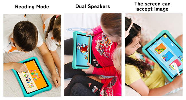 Tablet with protective case shown in three scenarios: reading mode with children, dual speakers with child listening, and screen accepting touch input from child.