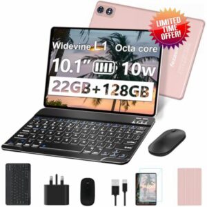 fezawio 2026 New 10 inch Android 14 Tablet|22GB RAM+128GB ROM|1TB Expandable|8000mAh|5G Wi-Fi|Widevine L1|Octa-Core|Keyboard-Mouse-Holster|Premium Entertainment & Light Office - Gold