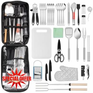 Camping Kitchen Utensil Set Portable Outdoor Kitchen Gear Stainless Steel Outdoor Cooking and Grilling Utensil Travel Set for Travel Camping RVs BBQs Picnics Parties