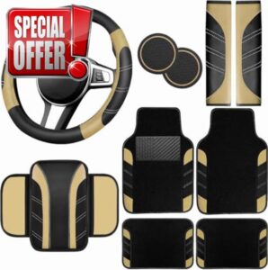 NBTEPEM 10 Pcs Car Floor Mats Full Set & Sport Leather Steering Wheel Cover 14.5-15 inch