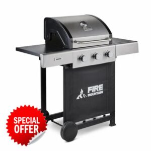 Fire Mountain Sierra 3 Burner Gas BBQ Stainless Steel with Cast Iron Grill Outdoor Barbecue for Garden Patio 50 x 42cm Cooking Area