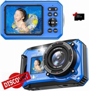 4K 33FT UHD Underwater Camera for Snorkeling with 32GB Card Dual-Screen Compact 56MP Waterproof Camera Dustproof Floatable Autofocus Camera