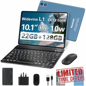 fezawio 2026 New 10 inch Android 14 Tablet|22GB RAM+128GB ROM|1TB Expandable|8000mAh|5G Wi-Fi|Widevine L1|Octa-Core|Keyboard-Mouse-Holster|Premium Entertainment & Light Office - Blue