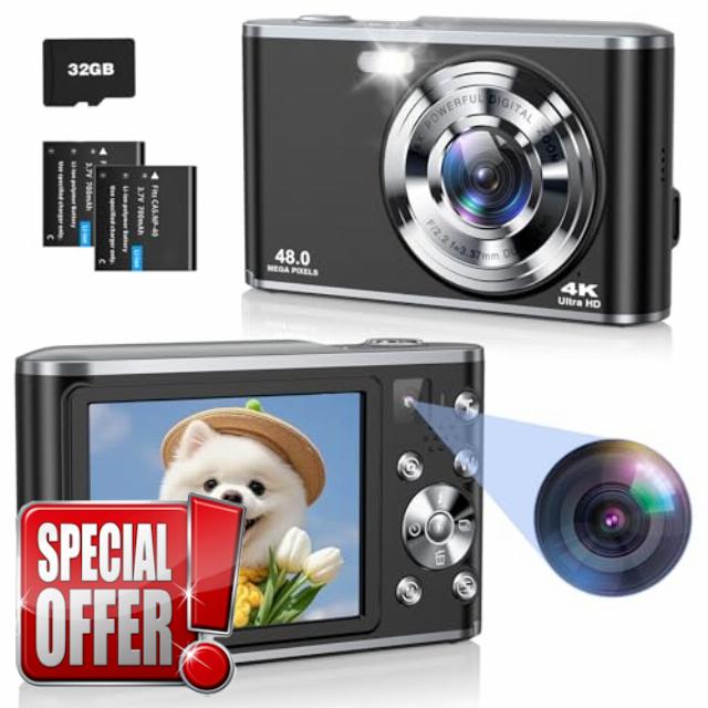 Digital Camera 4K UHD 48MP Autofocus Camera Selfie with Front and Rear Dual Lenses