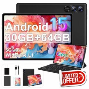 fezawio Android 15 Tablet with Keyboard 30GB+64GB