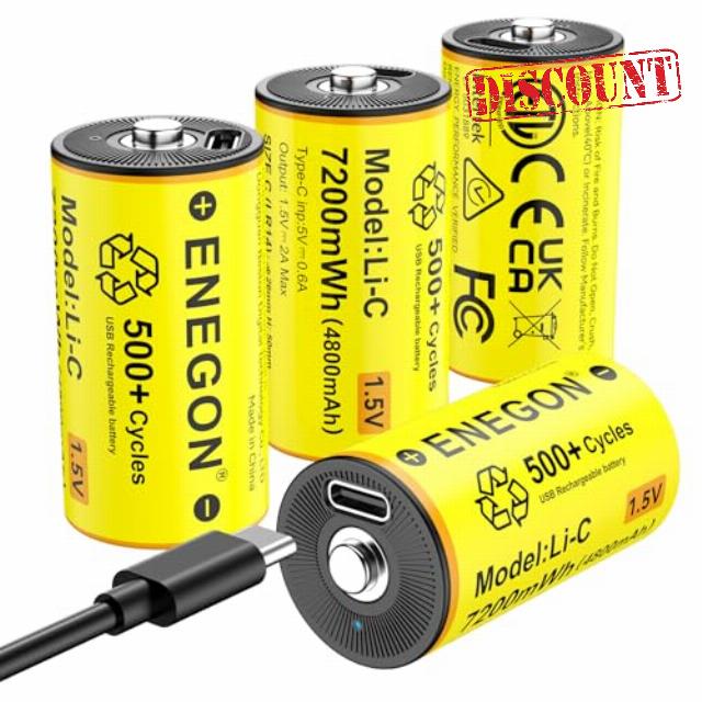 ENEGON 4-Pack Rechargeable C/LR14 Lithium Batteries
