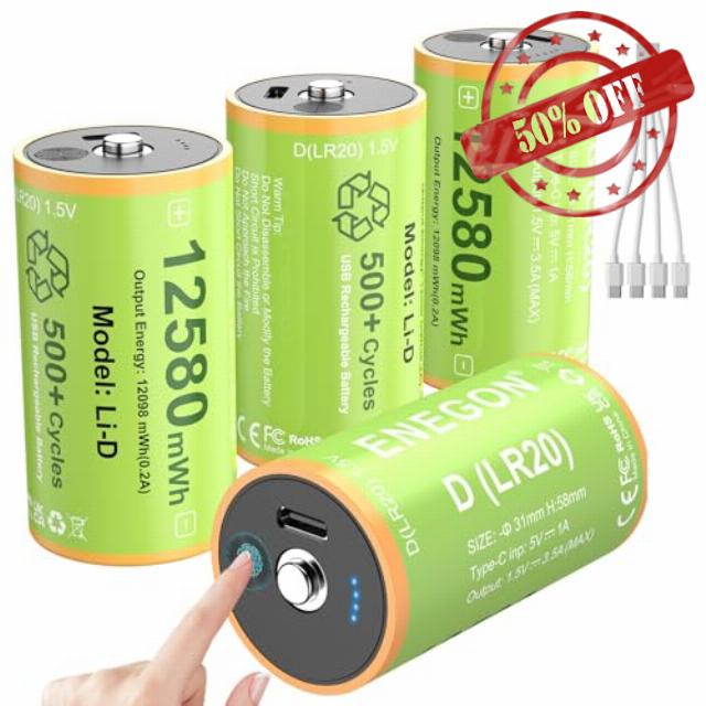 ENEGON 4 Pack D Batteries 12580mWh Rechargeable Lithium-ion D