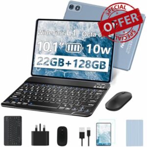 fezawio 2026 New 10 inch Android 14 Tablet|22GB RAM+128GB ROM|1TB Expandable|8000mAh|5G Wi-Fi|Widevine L1|Octa-Core|Keyboard-Mouse-Holster|Premium Entertainment & Light Office - Grey